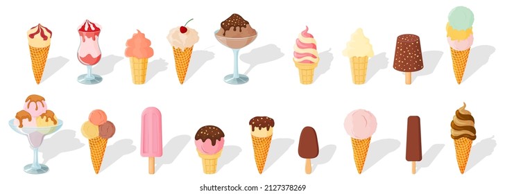 A set of ice cream.Sweet summer dessert.Vector illustration.A set of ice cream with different flavors, textures and fillers.