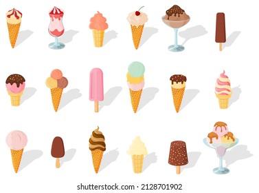 A set of ice cream.Sweet summer dessert.Vector illustration.A set of ice cream with different flavors, textures and fillers.