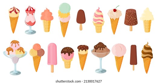 Un conjunto de helados.Dulce postre de verano.Ilustración vectorial.Un conjunto de helados con diferentes sabores, texturas y rellenos.
