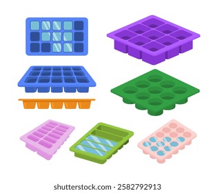 Set of ice cube tray collection cartoon with different views, Frozen water mold icon isolated. Square container for kitchen refrigerator, Icicle piece pack, isolated on white background illustration.