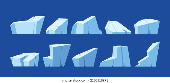 Set of Ice Cubes And Crystals, Blue Frozen Blocks, Ui Game Asset. Icicles, Iceberg, Iced Floes Or Cave Stalagmites. Floating Cap Snowdrifts, Winter Ice Or Glass Elements. Cartoon Vector Illustration