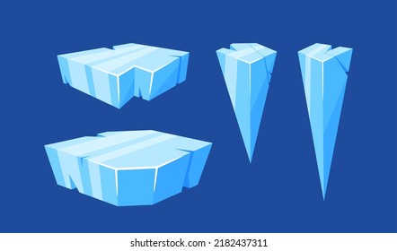 Set of Ice Cubes And Crystals, Blue Frozen Blocks, Stalactites, Icicles, Iceberg, Iced Floes Or Cave Stalagmites. Floating Cap Snowdrifts, Winter Ice Or Glass Elements. Cartoon Vector Illustration