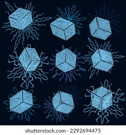 set of ice cubes on snowflakes. Vector crystals.