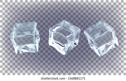 Set Of Ice Cubes On A Transparent Background. Vector 3D Realistic Illustration.