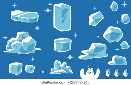 Set of ice cubes and snowflakes on a blue background.