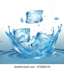 A set of ice cubes. Water splashes. A cartoon. Cold. For your design.