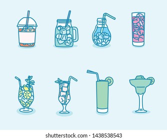 A set of ice drinks of various kinds. hand drawn style vector design illustrations. 