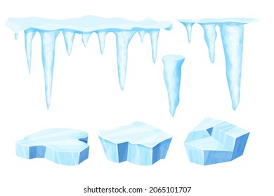 Set Ice floe, frozen water piece, iceberg and icicles in cartoon style isolated on white background. Collection polar landscape element, ui game asset. Winter decoration.