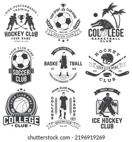 Set of ice hockey, basketball and soccer club badge design. Vector illustration. Vintage monochrome label, sticker, patch with basketball, hockey, soccer players silhouettes.