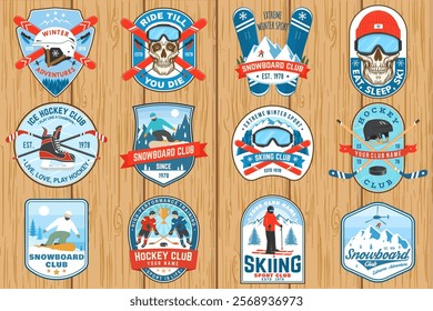 Set of Ice Hockey club, ski and Snowboard Club sport retro badge, patch with ski glasses, hockey player, sticker, puck, skeleton, winter sport hat, skate, helmet, snowboarder and mountain.