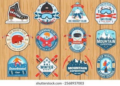 Set of Ice Hockey club, ski and Snowboard Club sport retro badge, patch with ski glasses, hockey player, sticker, puck, winter sport hat, ice skate, helmet, snowboarder and mountain.