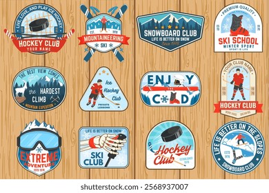 Set of Ice Hockey club, ski and Snowboard Club sport retro badge, patch with ski glasses, hockey player, sticker, puck, skeleton, winter sport hat, skate, helmet, snowboarder and mountain.