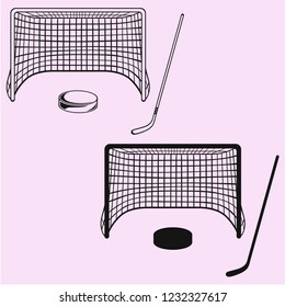 set of the ice hockey elements: hockey stick, hockey goal and puck vector silhouette 