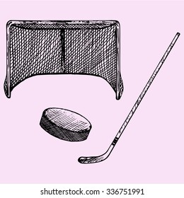 Set Of Ice Hockey Elements: Hockey Stick, Hockey Goal And Puck, Doodle Style, Sketch Illustration, Hand Drawn, Vector