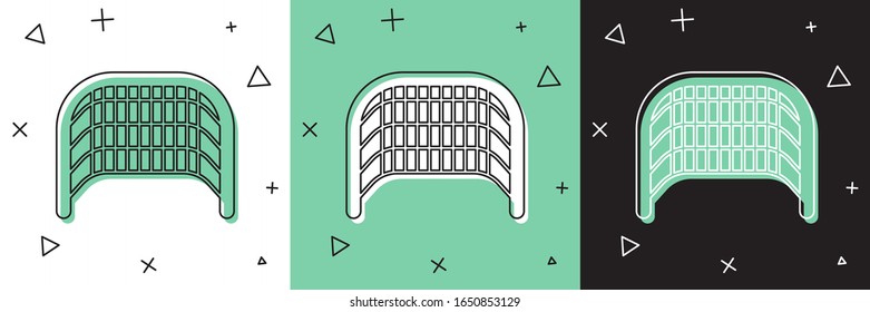 Set Ice hockey goal with net for goalkeeper icon isolated on white and green, black background.  Vector Illustration