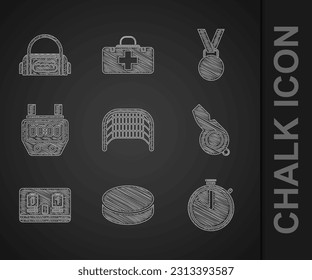 Set Ice hockey goal, Hockey puck, Stopwatch, Whistle, mechanical scoreboard, Medal and Sport bag icon. Vector