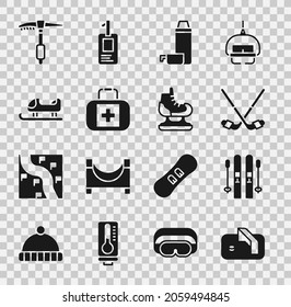 Set Ice hockey goal, Ski and sticks, Thermos container, First aid kit, Sled, axe and Skates icon. Vector