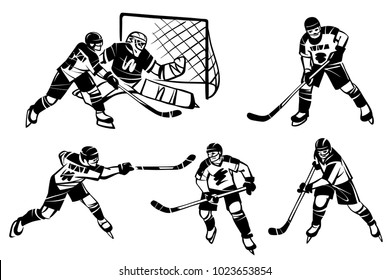 Set of ice hockey and goalkeeper. Hand drawn illustration.