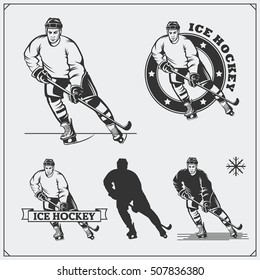 Set of ice hockey labels, emblems, icons, badges, design elements and silhouettes of the players.