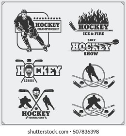 Set of ice hockey labels, emblems, icons, badges and design elements.