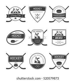 Set of ice hockey logos, labels, emblems and design elements. Vector illustration.