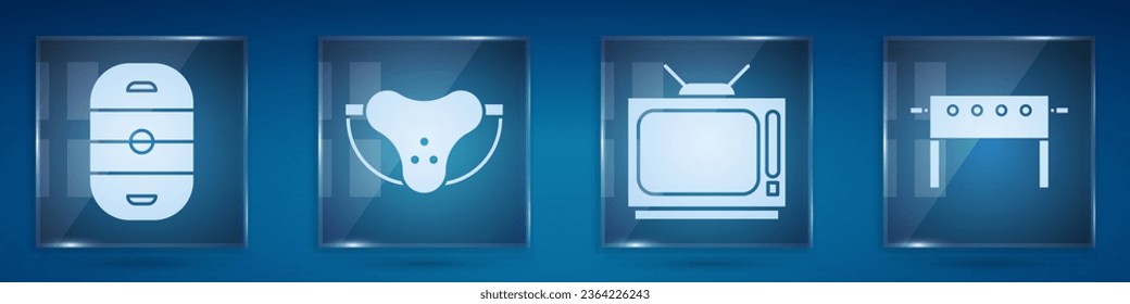 Set Ice hockey rink, Protective sport jockstrap, Retro tv and Hockey table. Square glass panels. Vector