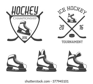 Set of ice hockey skates with emblems on hockey topic. Vector illustration