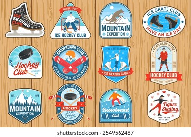 Set of Ice Hockey, snowboard and Ice Skate club logo, patch with snowboarder, skier rides, ice hockey player, sticker, puck, skate, helmet, ice skater girl. Winter sport. Vector.