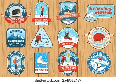 Set of Ice Hockey, snowboard and Ice Skate club logo, patch with snowboarder, skier rides, ice hockey player, sticker, puck, skate, helmet, ice skater girl. Winter sport. Vector.