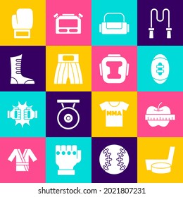 Set Ice hockey stick and puck, Apple measuring tape, American Football ball, Sport bag, Boxing short, boxing shoes, glove and helmet icon. Vector
