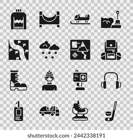 Set Ice hockey stick and puck, Winter headphones, Hiking backpack, Sled, Cloud with snow, Route location, Christmas sweater and Folded map icon. Vector