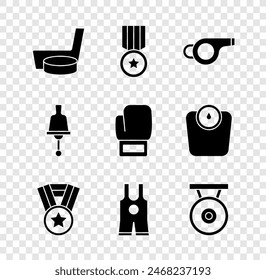 Set Ice hockey stick and puck, Medal, Whistle, Wrestling singlet, Gong, Ringing bell and Boxing glove icon. Vector