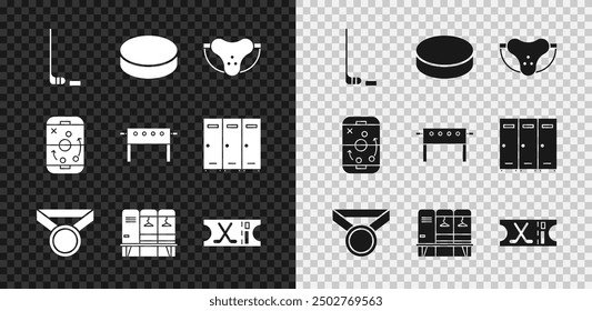 Set Ice hockey stick and puck, Hockey, Protective sport jockstrap, Medal, Locker changing room, sports ticket, Planning strategy and table icon. Vector