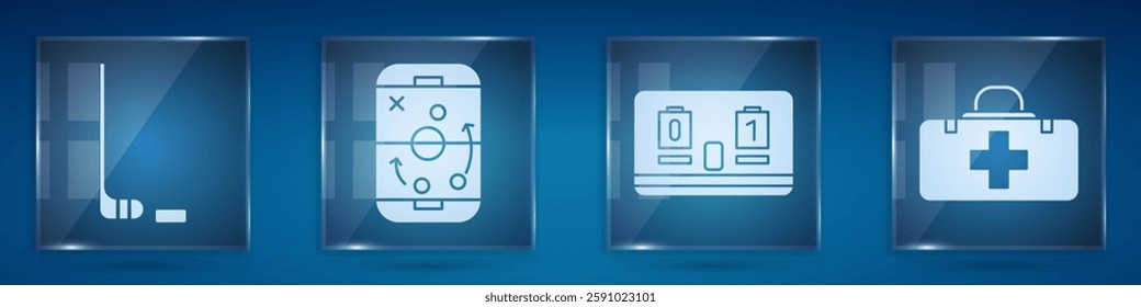 Set Ice hockey stick and puck, Planning strategy, Hockey mechanical scoreboard and First aid kit. Square glass panels. Vector