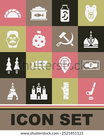 Set Ice hockey stick and puck, Russian ruble banknote, King crown, Pickled cucumbers jar, Moon with flag, Joseph Stalin, Dumpling and Hammer sickle USSR icon. Vector