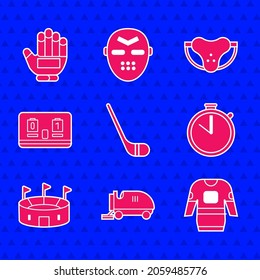 Set Ice hockey stick, resurfacer, Hockey jersey, Stopwatch, stadium, mechanical scoreboard, Protective sport jockstrap and glove icon. Vector