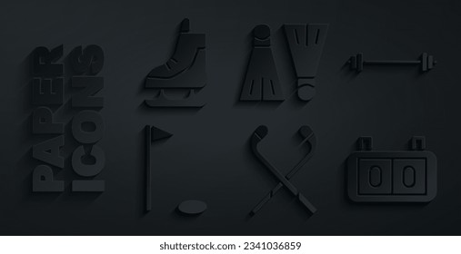 Set Ice hockey sticks, Barbell, Golf flag, Sport mechanical scoreboard, Rubber flippers for swimming and Skates icon. Vector