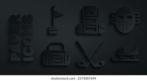 Set Ice hockey sticks, Hockey mask, Sport bag, Sled, Hiking backpack and Location marker icon. Vector