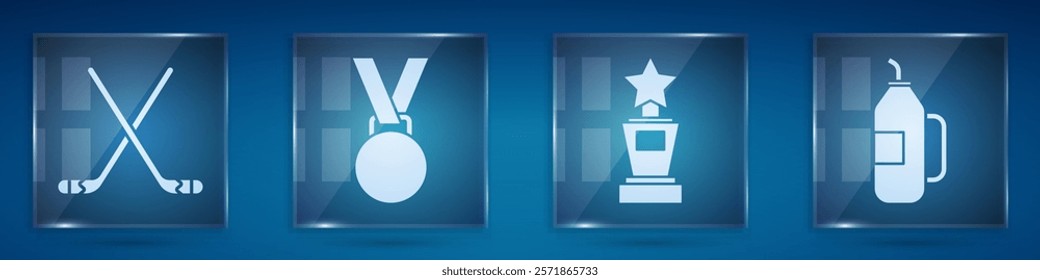 Set Ice hockey sticks, Medal, Award cup and Fitness shaker. Square glass panels. Vector