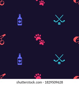 Set Ice hockey sticks and puck, Beer bottle, Paw print and Peameal bacon on seamless pattern. Vector.
