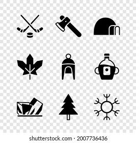 Set Ice hockey sticks and puck, Wooden axe, Igloo ice house, Royal Ontario museum, Christmas tree, Snowflake, Canadian maple leaf and Winter hat icon. Vector