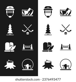 Set Ice hockey sticks and puck, Canadian spruce, Hockey helmet, Royal Ontario museum, Christmas mitten, Capilano Suspension Bridge, Montreal Biosphere and Tree stump icon. Vector