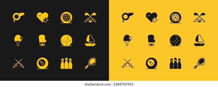 Set Ice hockey sticks and puck, Billiard pool snooker ball, Baseball, Bowling pin, Boxing glove, Car wheel, Whistle and Heart rate icon. Vector