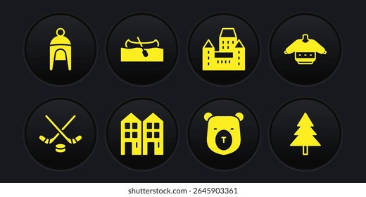 Set Ice hockey sticks and puck, Christmas sweater, House, Bear head, Chateau Frontenac hotel, Kayak or canoe, tree and Winter icon. Vector