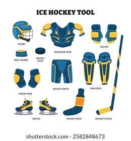 Set of ice hockey tools collection cartoon with helmet, shoulder pads, gloves, neck guard, hockey puck, pants, shin pads, stick, elbow pad, skates and socks, winter sport equipment illustration.