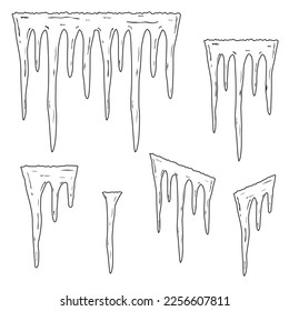 Conjunto de partículas de hielo, contorno negro, ilustración vectorial de estilo doodle