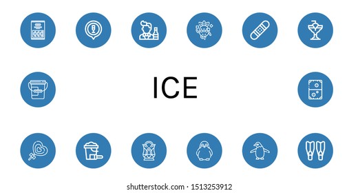 Set of ice icons such as Candy, Cocktail, Bartender, Cool, Snowboard, Lollipop, Sand bucket, Crystal, Penguin, Flippers, Bucket, Air hockey , ice