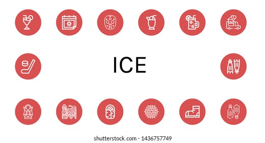 Set of ice icons such as Cosmopolitan, Summer, Hockey mask, Cocktail, Ice cream truck, Crystal, Mimosa, Burrito, Snowflake, Snow boots, Flippers, Hockey , ice