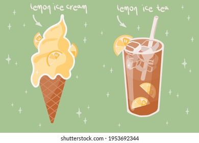 Set of Ice lemon tea and ice cream in kawaii style. Cute vector illustration. Suitable for menu, flyer, ads, sticker.