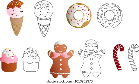 set with ice lolly, cookies, donuts with cream